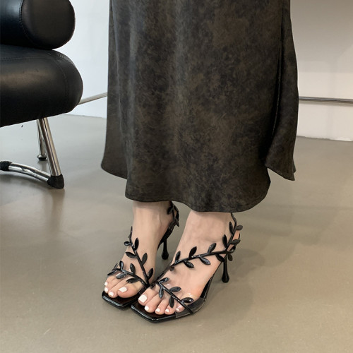 Lacquer leather niche leaf high heels for women's 2024 summer new fairy style one line with square toe open toe thin heel sandals