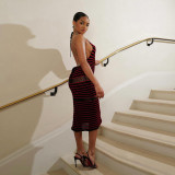 New Fashion Stripe V-neck Hanging Neck Lace Sexy Open Back Knit Dress