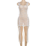 Fashionable and sexy vest, lace hollow bow tie, ribbon dress, short skirt