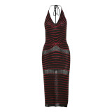 New Fashion Stripe V-neck Hanging Neck Lace Sexy Open Back Knit Dress