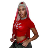 Fashionable Street Exposed Print Letter Slim Fit Folded Short sleeved T-shirt