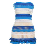 Summer women's new fashion sexy strapless backless color blocking lace slim fit knit dress