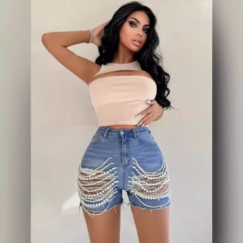 Denim shorts for women's new high waisted slimming handmade bead chain distressed hot pants