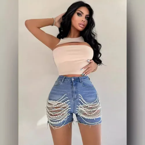 Denim shorts for women's new high waisted slimming handmade bead chain distressed hot pants
