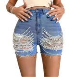 Denim shorts for women's new high waisted slimming handmade bead chain distressed hot pants
