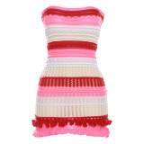 Summer women's new fashion sexy strapless backless color blocking lace slim fit knit dress