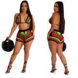 Women's new European and American woven color blocking beach shorts set
