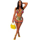 Women's new European and American woven color blocking beach shorts set