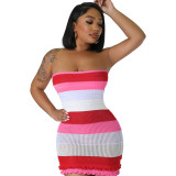 Summer women's new fashion sexy strapless backless color blocking lace slim fit knit dress