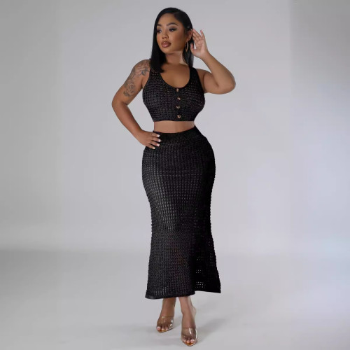 Women's fringe fishing net knitted casual two-piece set