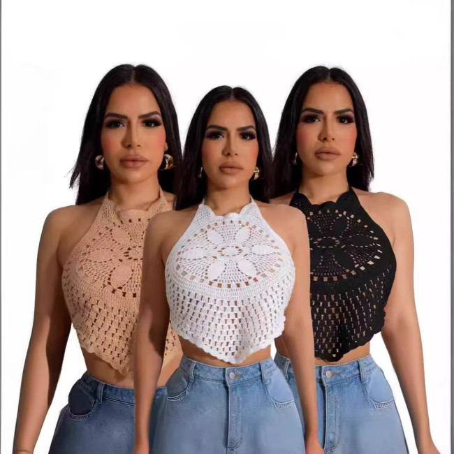 Knitted elastic sports casual strap with hanging neck hook woven hollow vacation beach top