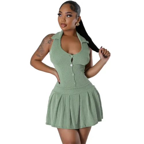 Women's casual fashion hanging neck, backless pleated jumpsuit pants
