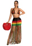 Women's long tassel European and American woven color blocking tassel beach skirt