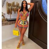 Women's new European and American woven color blocking beach shorts set
