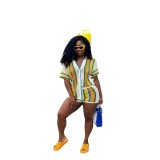 Fashion button hollow striped loose knit low waisted contrasting color women's two-piece set