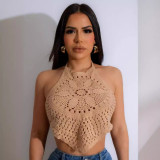 Knitted elastic sports casual strap with hanging neck hook woven hollow vacation beach top