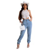 Knitted elastic sports casual strap with hanging neck hook woven hollow vacation beach top
