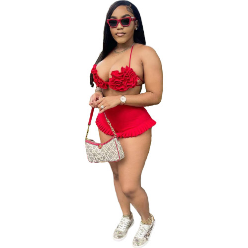 Fashionable and sexy strap hanging neck, backless ruffled shorts set