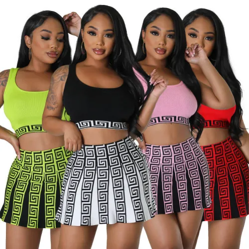 Knitted Elastic Sports Casual Skirt Tank Top Sweater Short Set