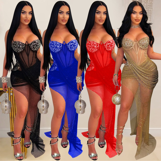 Fashionable women's sexy mesh hot diamond strap long dress dress