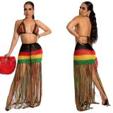 Women's long tassel European and American woven color blocking tassel beach skirt