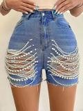 Denim shorts for women's new high waisted slimming handmade bead chain distressed hot pants