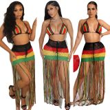 Women's long tassel European and American woven color blocking tassel beach skirt