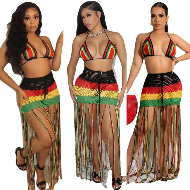 Women's long tassel European and American woven color blocking tassel beach skirt
