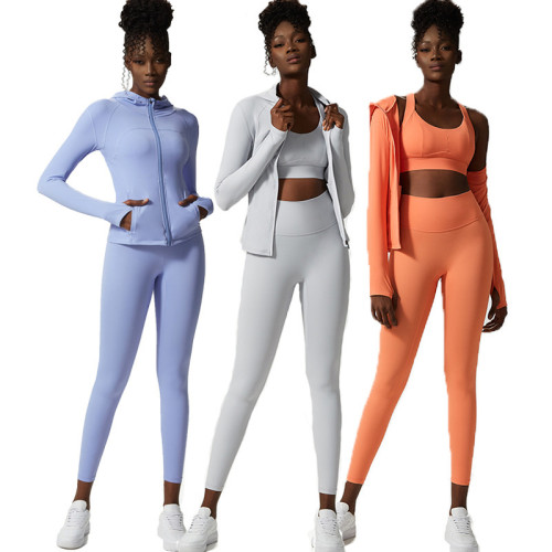 Three piece yoga suit set, women's oversized nude sports and fitness suit set