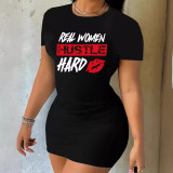 Fashionable black printed short sleeved dress