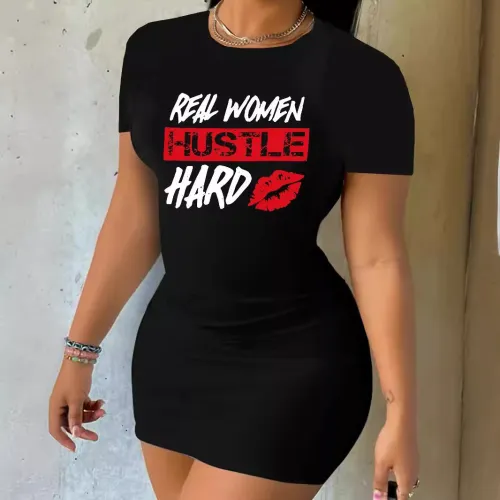 Fashionable black printed short sleeved dress