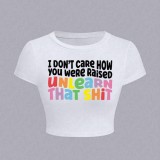 White T-shirt, colorful letter printed short top