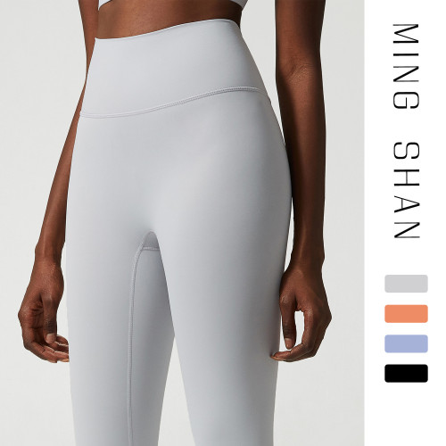 Nude yoga pants, women's high waisted fitness pants, anti roll edge lifting hip running sports tight pants