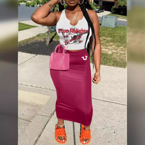 Summer printed two-piece tank top long skirt