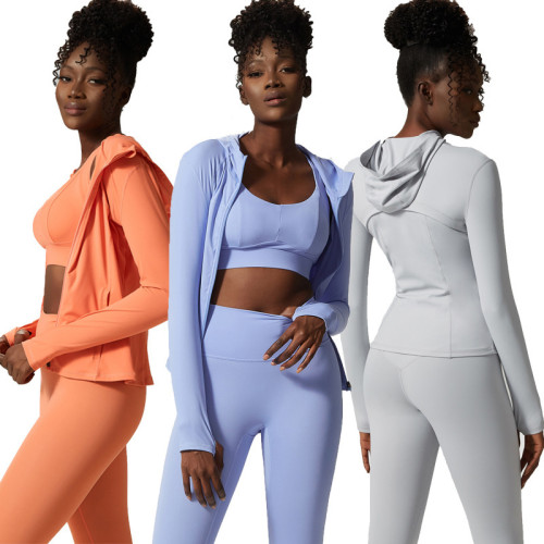 Three piece yoga suit set, women's oversized nude sports and fitness suit set