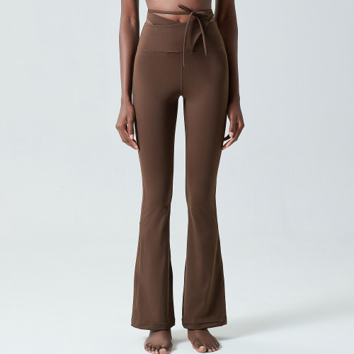 High waisted strap style yoga pants with elastic quick drying fitness and running micro flared pants