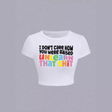 White T-shirt, colorful letter printed short top
