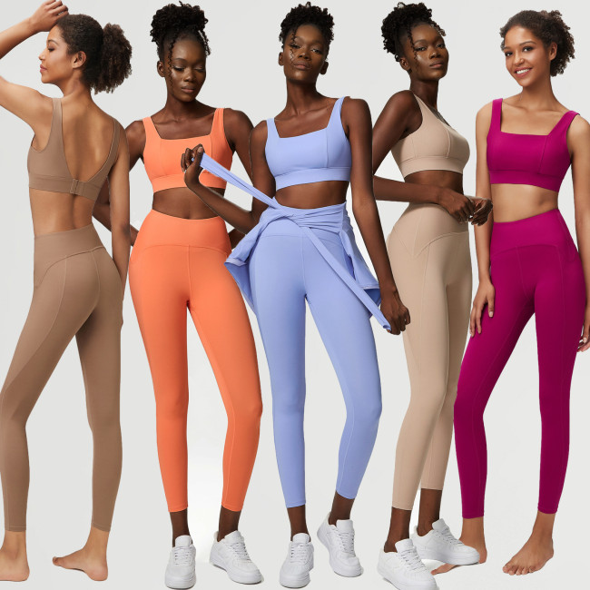 Seamless fixed cup sports bra two-piece set with splicing thread yoga suit set