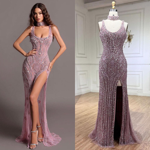 Elegant Pink Hanging Strap Split Long Dress with Fish Tail for Foreign Trade, High end and Atmosphere Host Banquet Evening Dress