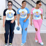 Fashion women's printed multi-color short sleeved pants set