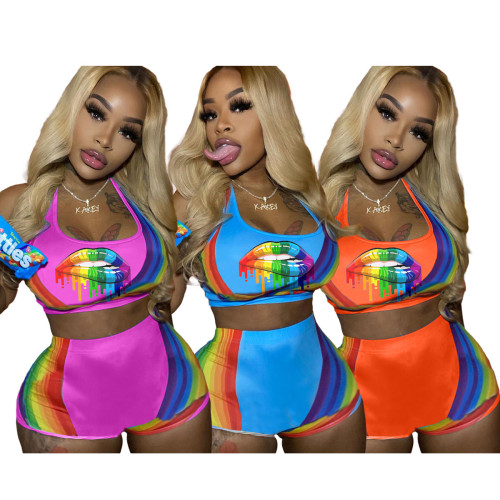 Positioning print sexy lips casual sports set