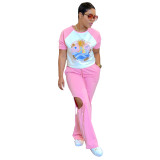 Fashion women's printed multi-color short sleeved pants set