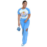 Fashion women's printed multi-color short sleeved pants set