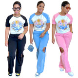 Fashion women's printed multi-color short sleeved pants set
