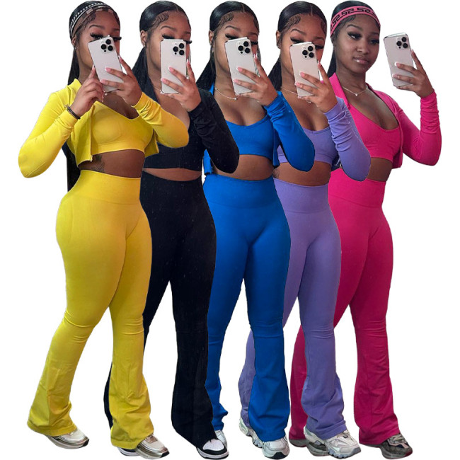 Basic solid color short top, high waist, micro horn, sports and leisure three piece set