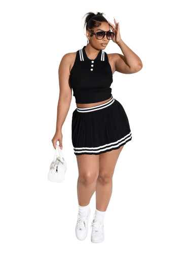 Woolen lapel buckle striped tight pleated skirt set