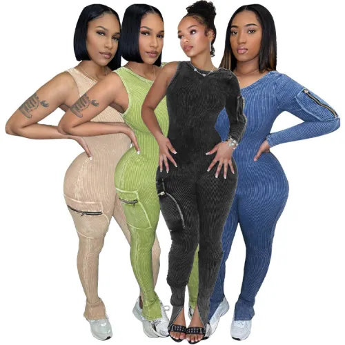 Leisure women's elastic cotton thread large pocket single sleeve worn-out tight jumpsuit