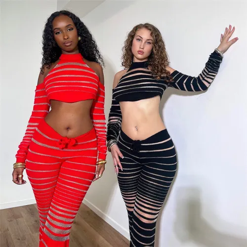 Hollow out shoulder long sleeved crop top, high waisted striped long pants set for women