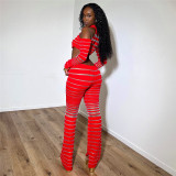 Hollow out shoulder long sleeved crop top, high waisted striped long pants set for women