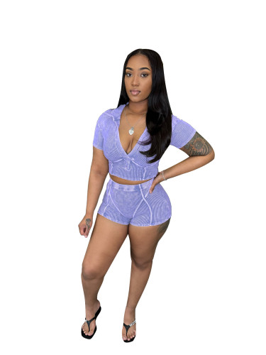 Collar deep V short sleeved cotton thread washed set